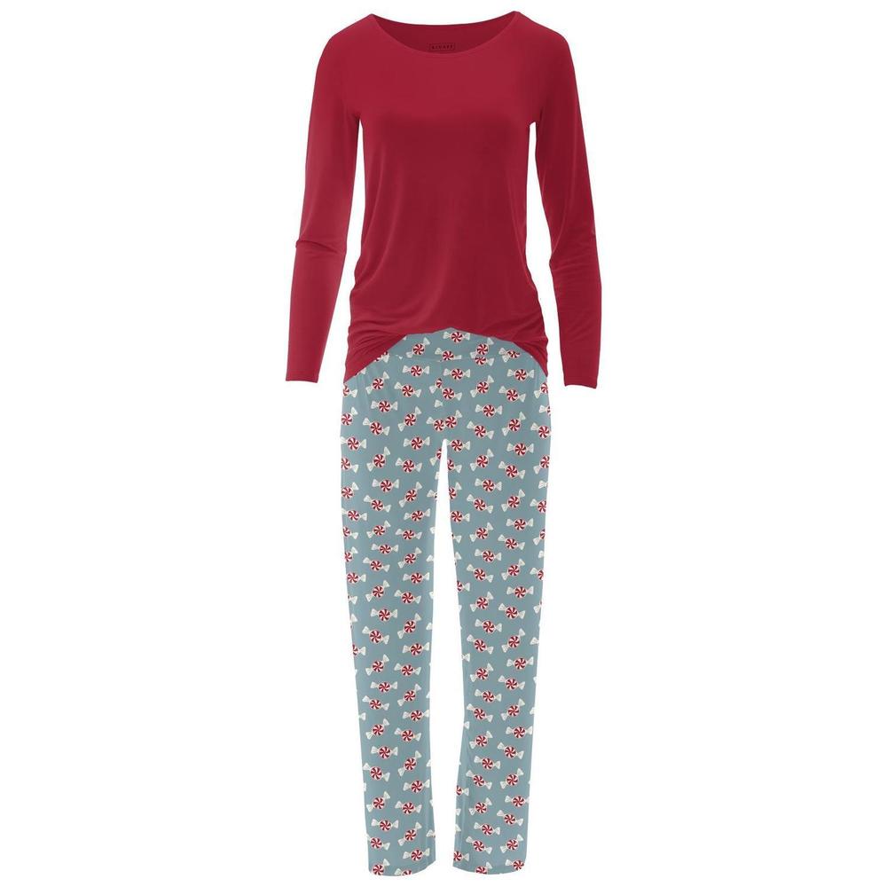 NEW KICKEE women's long sleeve tee & pajama pants set in stormy sea peppermints